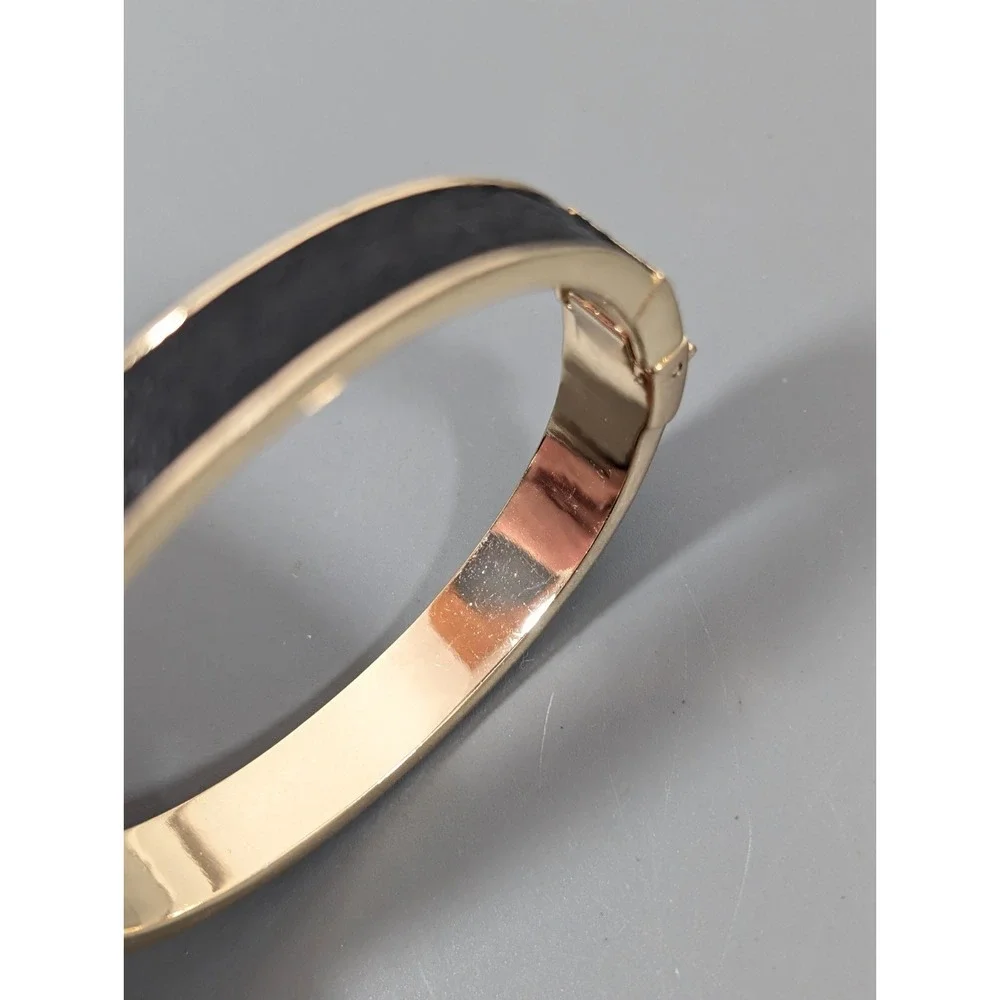 LOFT Black Leather Inlay Gold Tone‎ Hinge Bangle Bracelet 6.5 in